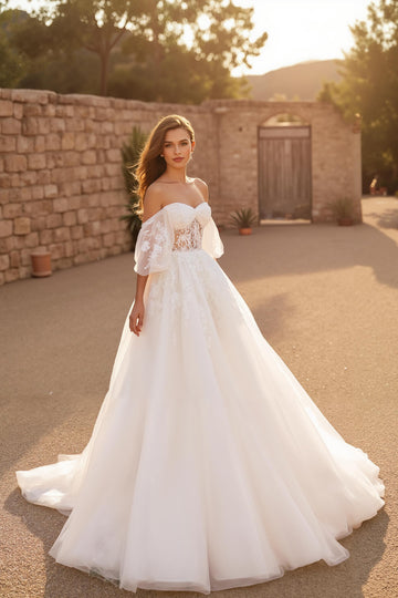 Off The Shoulder Ivory Court Train Bridal Dress With Appliques